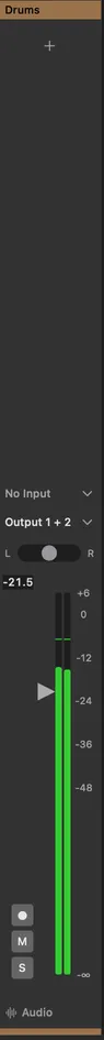 A full Flowtonik mixer channel strip for a track named Drums: a tan colour header, a plugin slot, input and output selectors, a pan slider, stereo meters against a dB scale, record, mute and solo buttons, and an Audio type footer