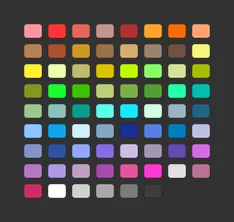 The track colour palette popover: an eight-column grid of around seventy swatches running from neon reds and oranges through greens, cyans and blues to violets, pinks, white and greys