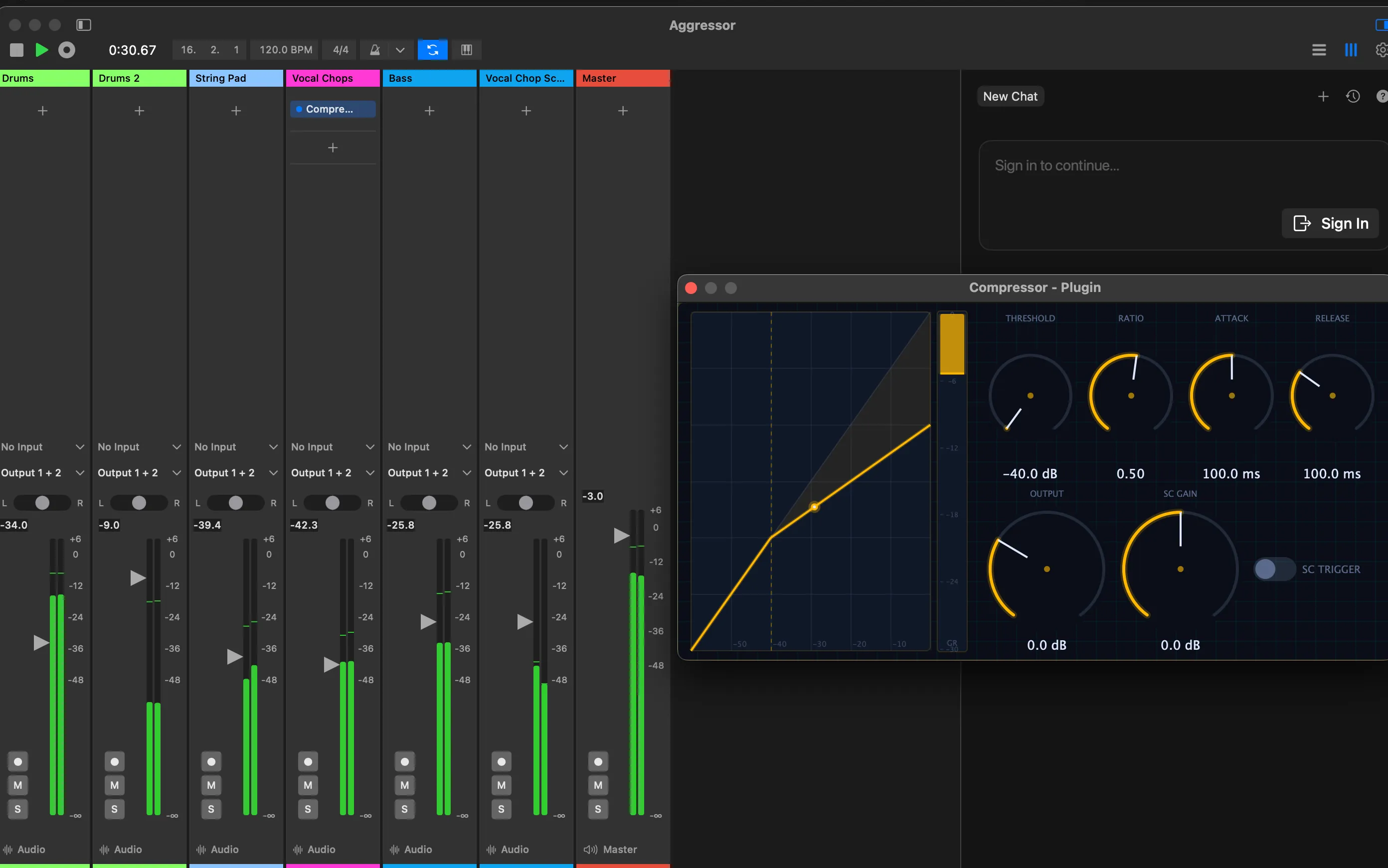 The Compressor plugin open over the mixer: an input/output transfer curve with a draggable knee point and a gain-reduction meter, beside knobs for threshold, ratio, attack, release, output and sidechain gain