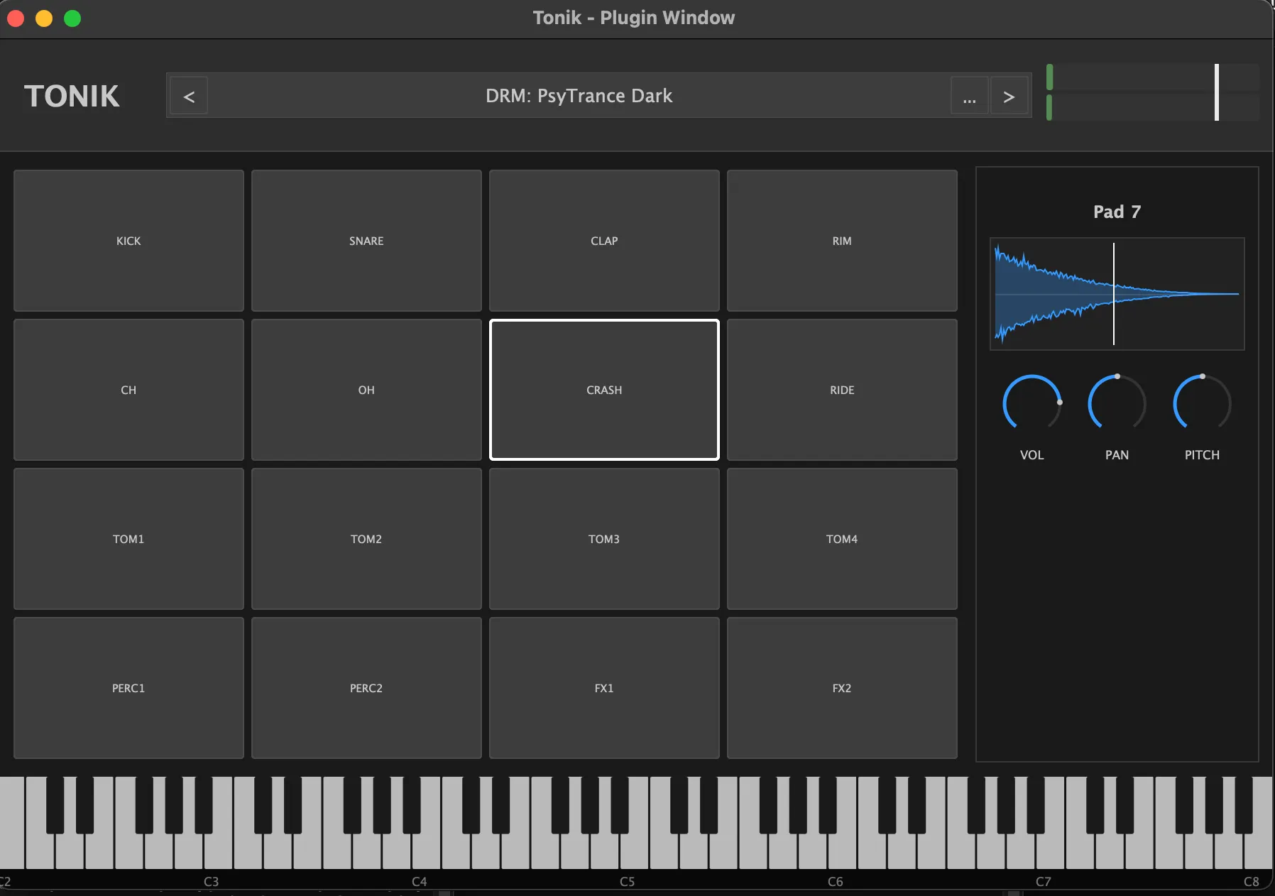 Tonik in drum mode: a four-by-four grid of labelled pads from KICK to FX2 with CRASH selected, and a panel on the right headed 'Pad 7' showing the selected pad's waveform with VOL, PAN and PITCH knobs