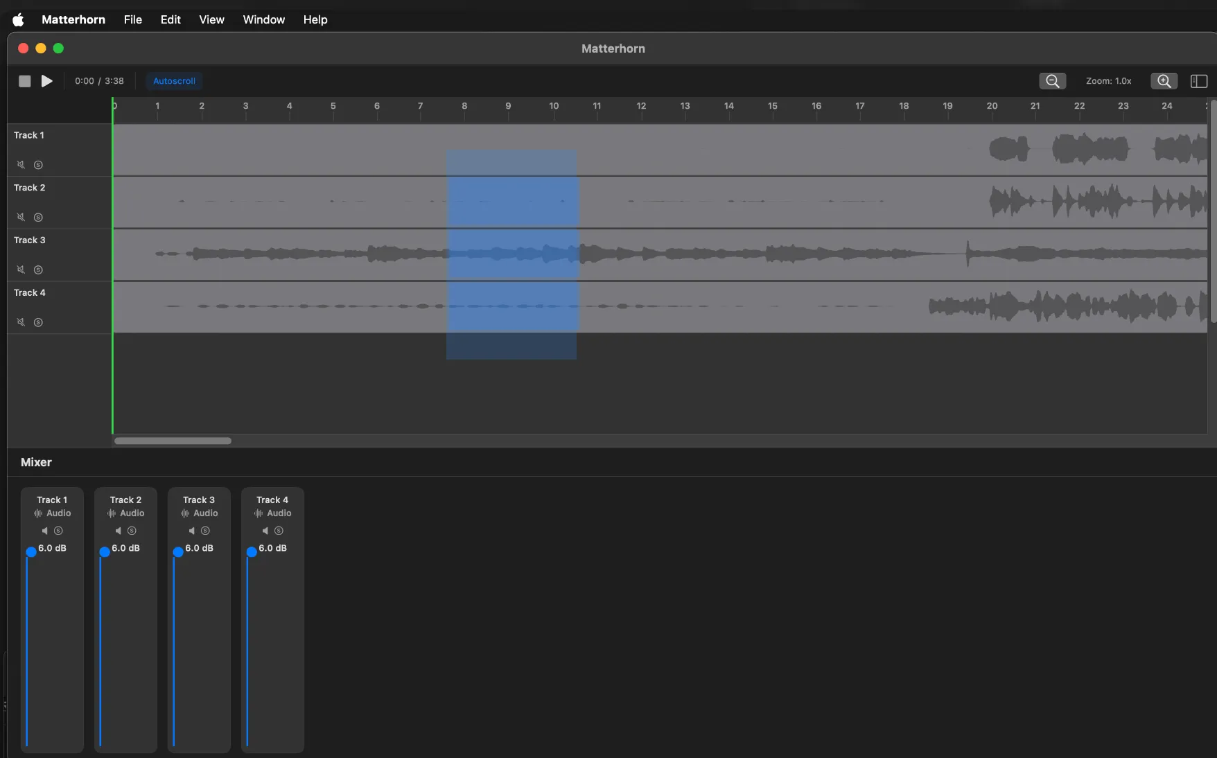 An early Matterhorn interface with four grey waveform tracks in an arrangement timeline and four narrow mixer strips shown below in the same window