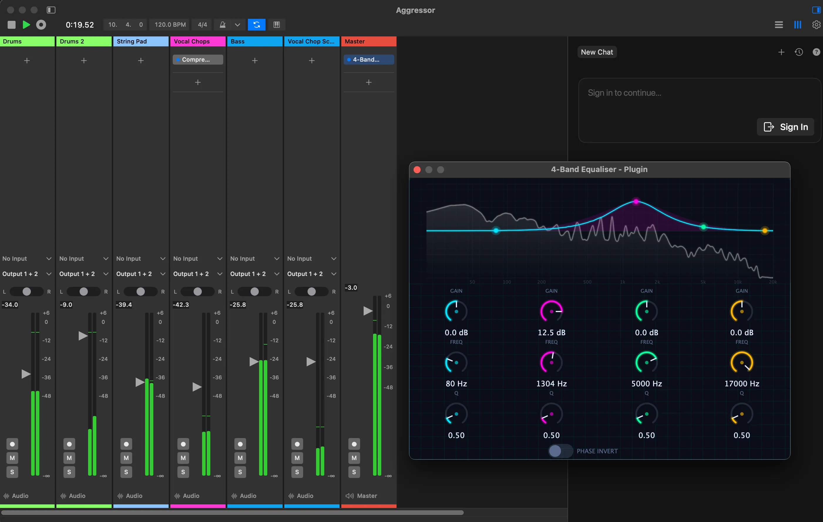 The 4-Band Equaliser plugin open over the Flowtonik mixer: a spectrum analyser behind an EQ curve with four colour-coded draggable band points, and matching columns of Gain, Freq and Q knobs below