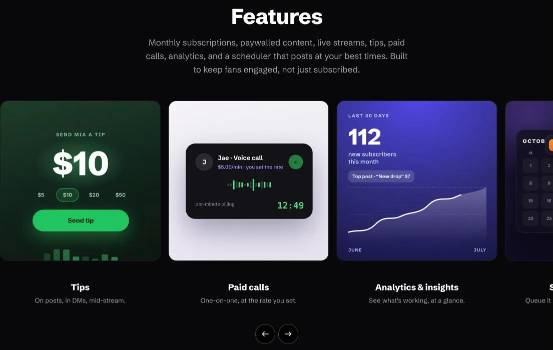 The Features section: a heading and one-line summary above a horizontally scrolling rail of cards for Tips, Paid calls, Analytics and insights, and Smart Scheduler, each drawn as a working fragment of interface: a tip sheet with $10 selected, a voice call timer at 12:49, a subscriber chart reading 112 new this month, and a posting calendar