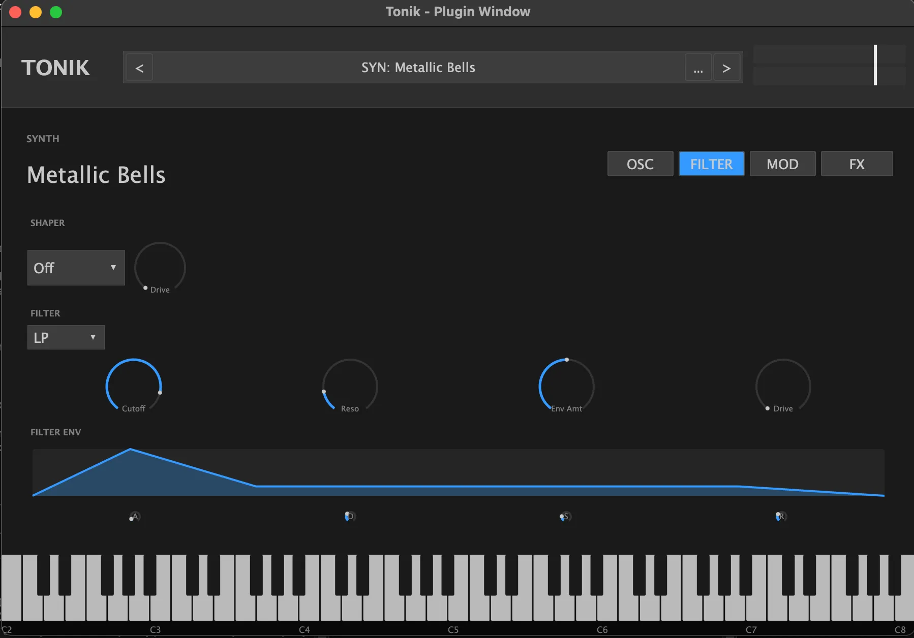 The FILTER tab: a SHAPER section with an Off dropdown and Drive knob, a FILTER section with an LP dropdown and Cutoff, Reso, Env Amt and Drive knobs, and a FILTER ENV drawn as a filled envelope shape with A, D, S and R handles beneath it