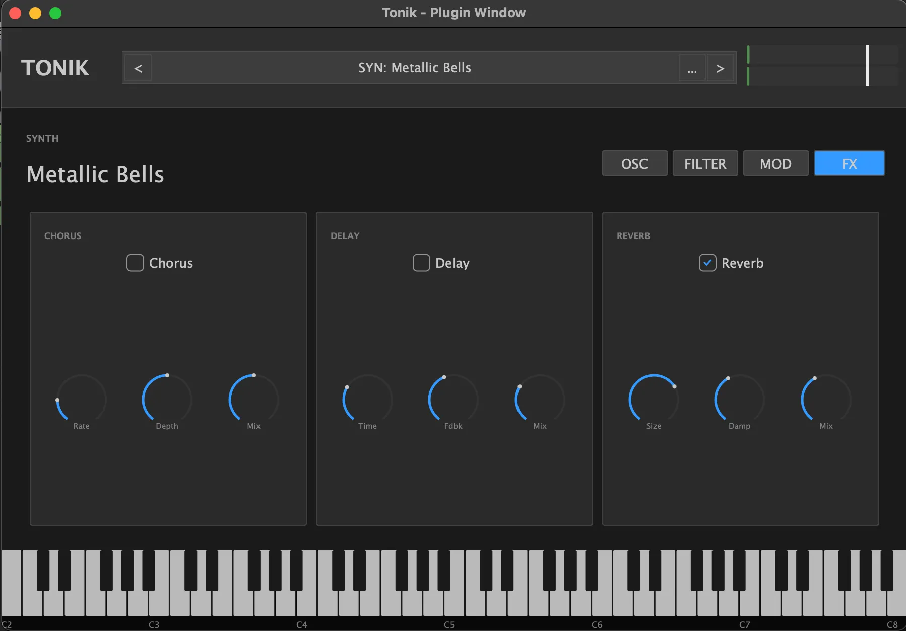 The FX tab: three equal-width panels for Chorus, Delay and Reverb, each with a checkbox to enable it and three knobs beneath (Rate, Depth and Mix for chorus, Time, Fdbk and Mix for delay, Size, Damp and Mix for reverb), with only Reverb enabled