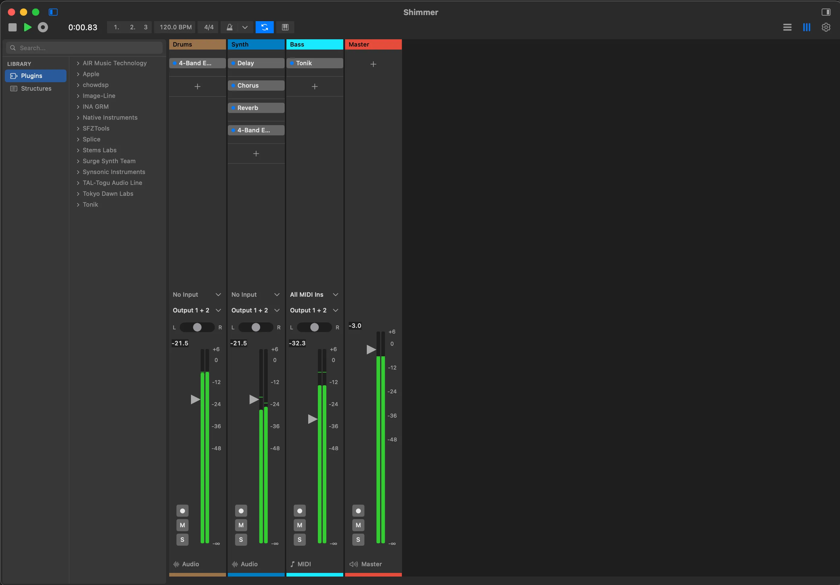 The Flowtonik mixer: a plugin library sidebar listing installed vendors from AIR Music Technology to Tonik, beside colour-coded channel strips for Drums, Synth, Bass and Master with plugin slots, input and output selectors, pan, level meters and mute/solo