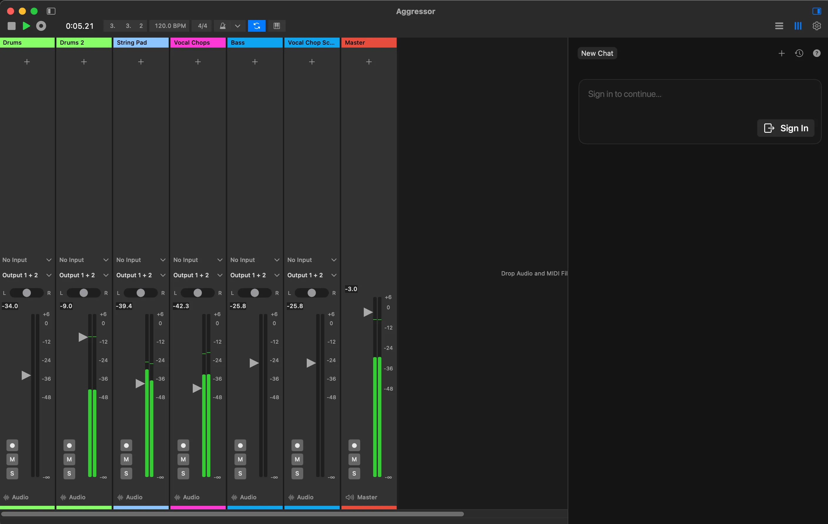 The Flowtonik mixer: seven colour-coded channel strips with plugin slots, input and output selectors, pan, gain, level meters and mute/solo, beside the AI chat panel