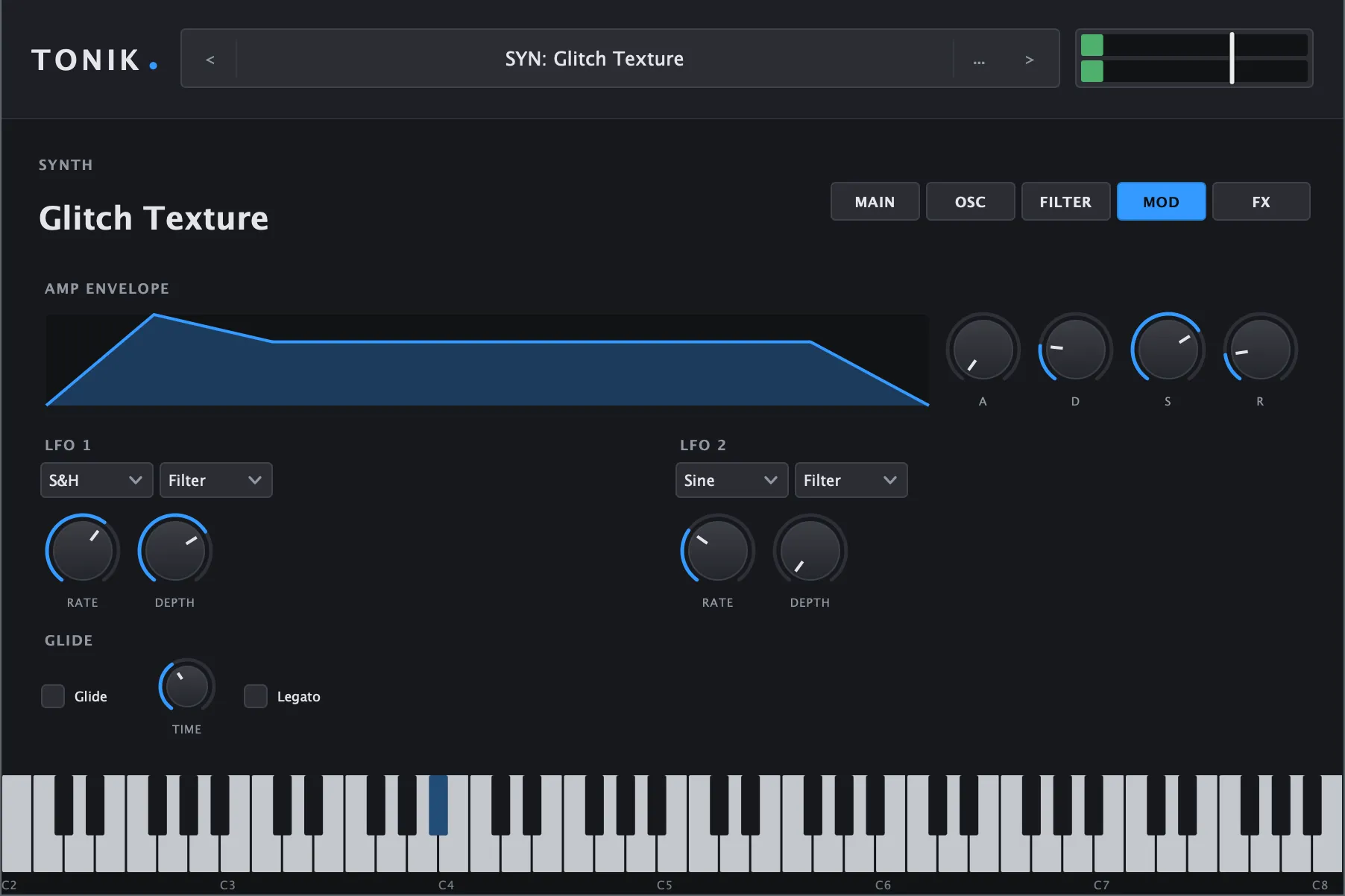 The MOD tab: an amp envelope drawn as a filled blue shape with A, D, S and R knobs beside it, two LFO sections with shape and destination dropdowns and Rate and Depth knobs, and a glide section with a Time knob and a Legato checkbox