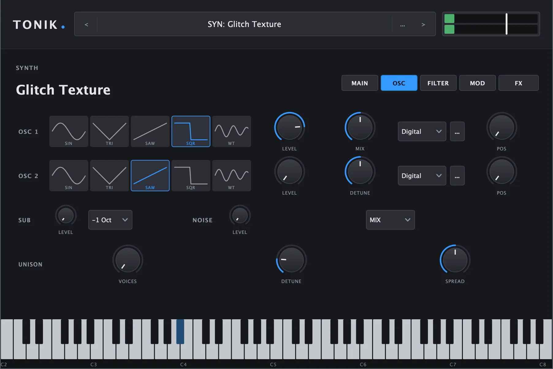 The OSC tab: two oscillator rows, each with five waveform buttons drawn as the waveform itself (SIN, TRI, SAW, SQR, WT), the selected one outlined in blue, with Level, Mix and Detune knobs, wavetable pickers and Pos knobs; below them Sub and Noise levels, a mix dropdown and a Unison row of Voices, Detune and Spread