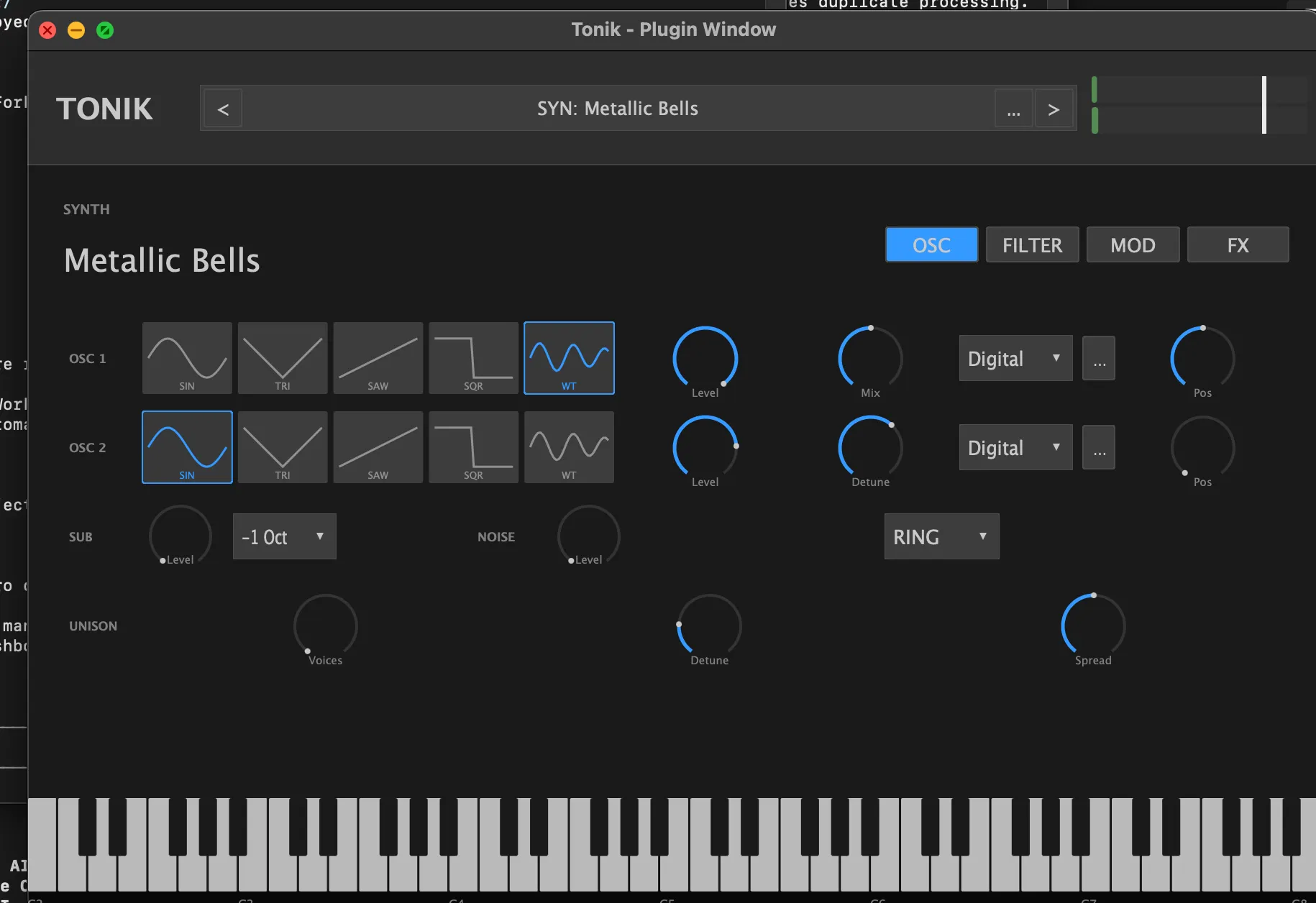The OSC tab: two oscillator rows, each with five waveform buttons drawn as the waveform itself (SIN, TRI, SAW, SQR, WT), then Level, Mix or Detune knobs, a wavetable picker and a Pos knob; below them SUB and NOISE levels, a RING dropdown, and a UNISON row of Voices, Detune and Spread
