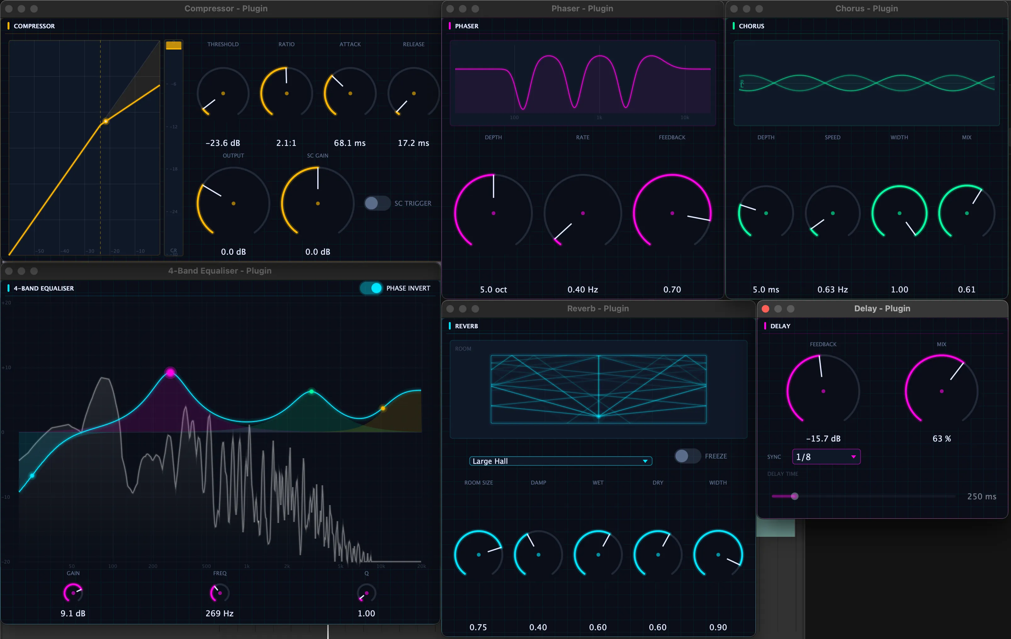 Six built-in Flowtonik plugins in floating windows: a Compressor with a transfer curve and gain-reduction meter, a Phaser and Chorus with response displays, a 4-Band Equaliser with colour-coded bands over a spectrum analyser, a Reverb with a room visualisation and Large Hall preset, and a Delay with sync controls