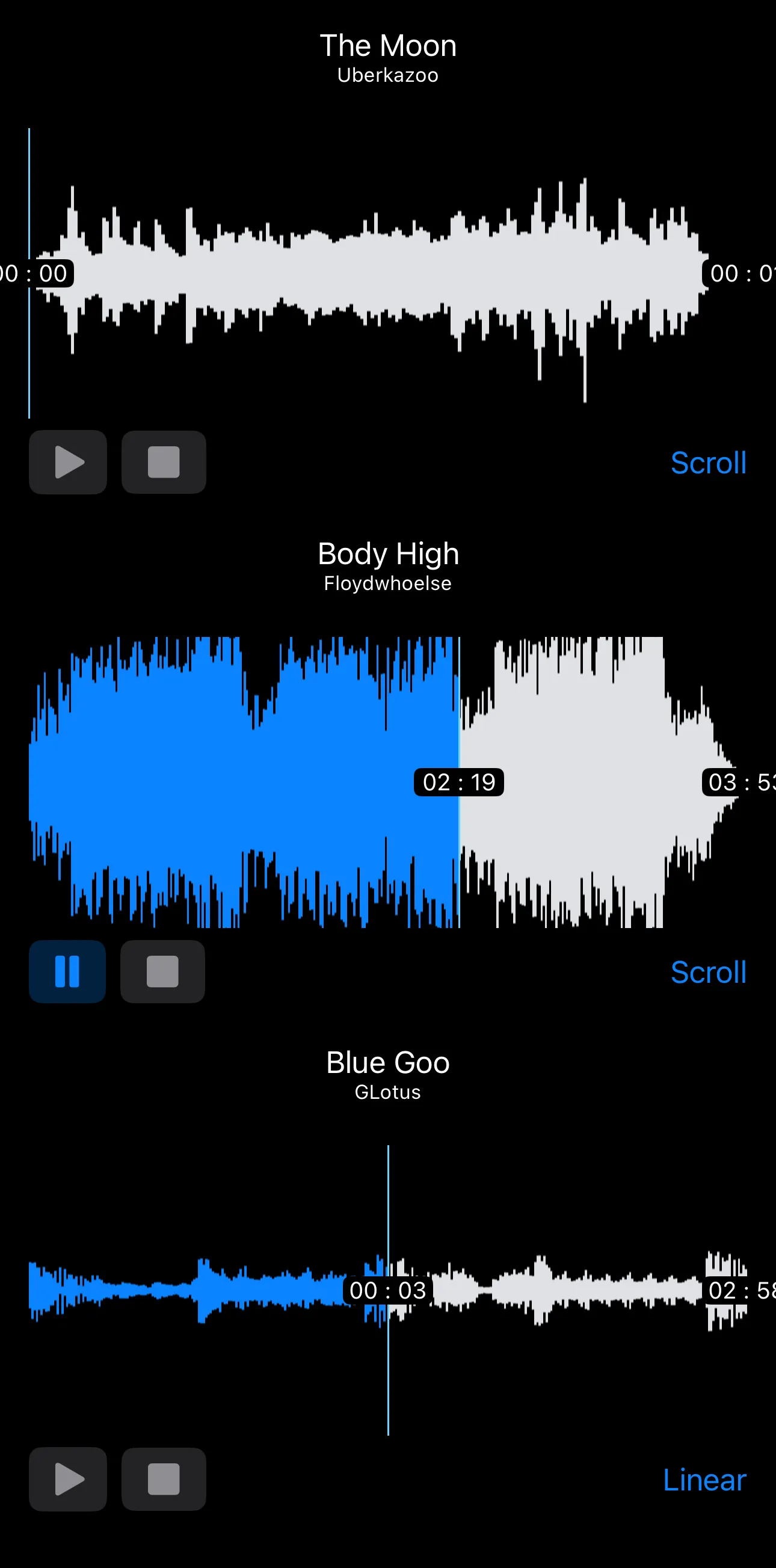 Three Waavform players stacked vertically on a dark iPhone screen, each with its own track title, progress colour and playback state