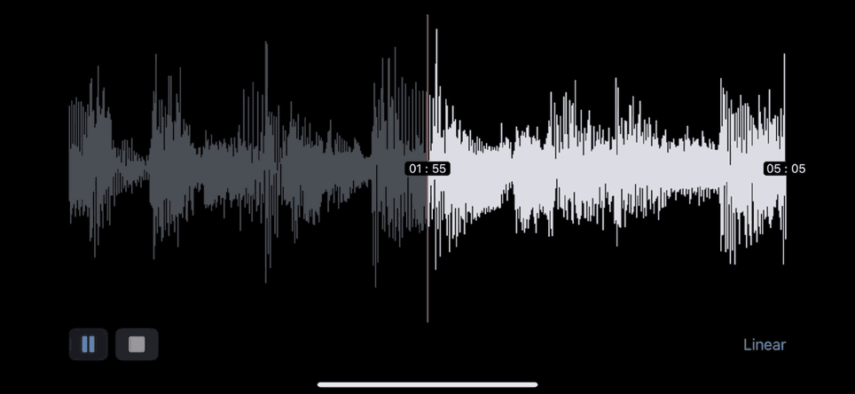 The Waavform player in scroll view on a dark background: the waveform slides past a red playhead fixed mid-screen, the played audio behind it dimmed grey and the audio ahead of it in white, while the time label riding the playhead advances from 01:55 to 01:57 against a 05:05 duration and the corner toggle reads Linear