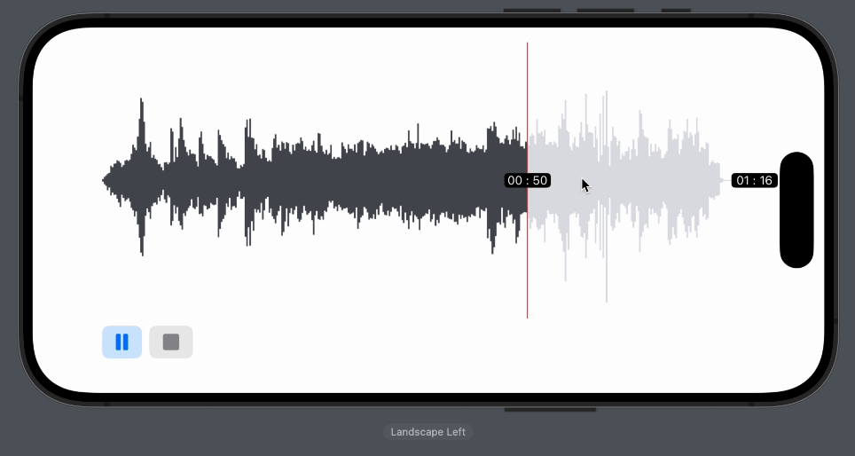 The Waavform player during playback: the filled portion of the waveform grows as the playhead advances and the current-time label travels with it